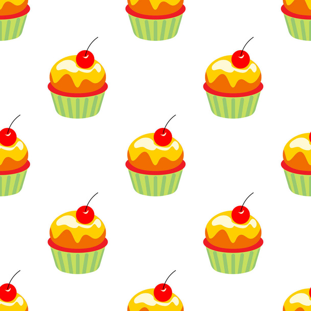 Kleine heerlijke cupcakes naadloze patroon muffins met Cherry - Vector, afbeelding