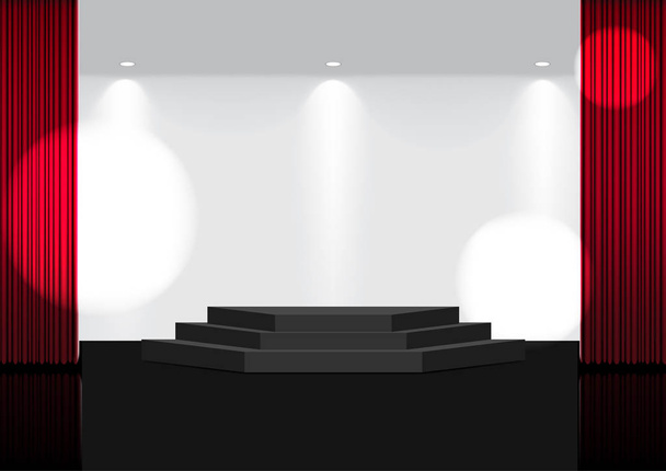 3D макет реалістичної відкритої червоної завіси на сцені або кіно для шоу, концерту або презентації з вектором ілюстрації фону прожектора
 - Вектор, зображення