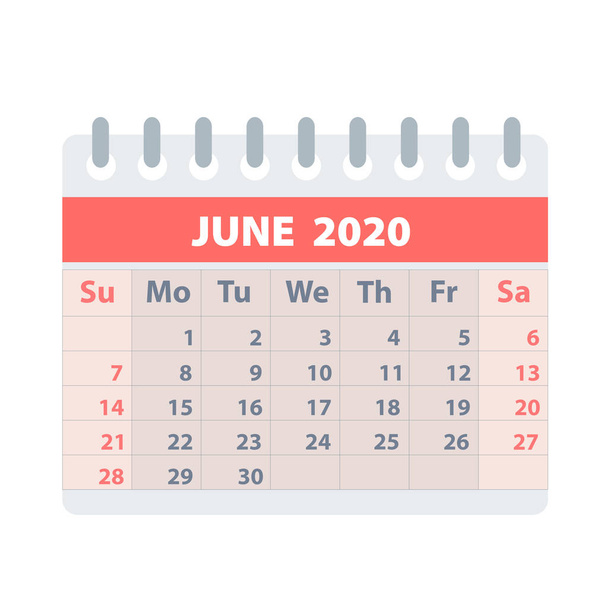 Callendar на июнь 2020 года в плоском стиле для дизайна на белом, акции - Вектор,изображение