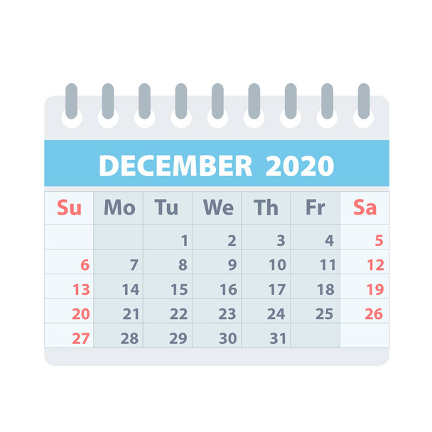 Календарь на декабрь 2020 года в плоском стиле для дизайна на белом, s
 - Вектор,изображение
