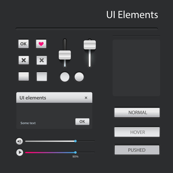 User interface elements: Buttons, Switchers, On, Off, Player, Audio, Video - Wektor, obraz