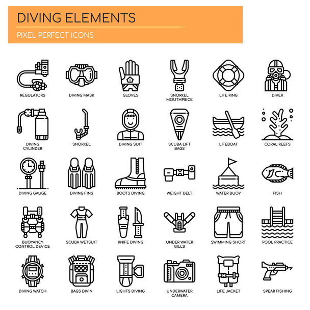 Potápěčské prvky, tenká čára a pixelové dokonalé ikony - Vektor, obrázek