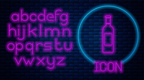 Świecąca Neon butelka wina ikona izolowane na tle muru ceglanego. Neon światła alfabetu. Ilustracja wektorowa - Wektor, obraz