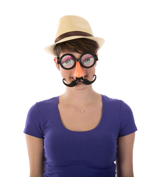 Pretty woman with funny mask and hat - Photo, image
