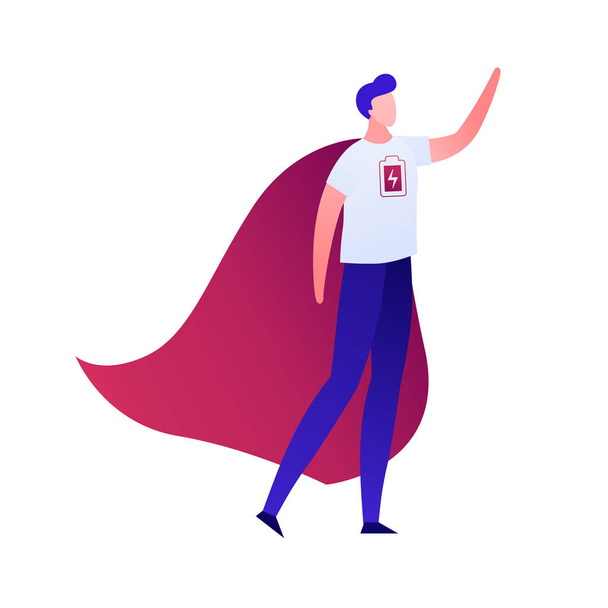 Vector modern flat superhero person energy illustration. Color hero with cloak and full battery charge symbol isolated on white. Concept of efficency, success, idea, solution. Design element - Vector, Image