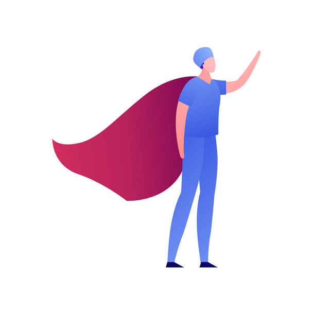 ベクトル現代フラットスーパーヒーロー人イラスト。青いユニフォームを着た男性外科医の医師で、赤いマントが白い背景に隔離されています。医療バナー、ヘルスケアポスター、クリニック用デザイン要素 - ベクター画像
