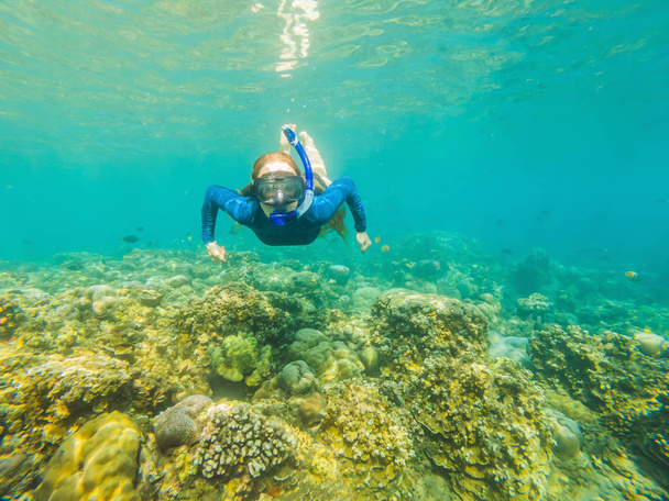 Şnorkel maskesi mutlu kadın mercan resifi deniz havuzunda tropikal balıklar ile sualtı dalış. Seyahat yaşam tarzı, su sporları açık macera, yaz plaj tatilinde yüzme dersleri - Fotoğraf, Görsel