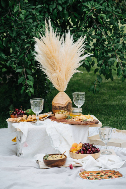 Appetizers table for picnic, full of snack. White cloth spread over lawn - Photo, Image