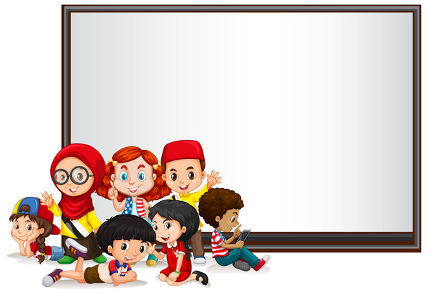 Banner template design with kids and whiteboard - Vector, Image