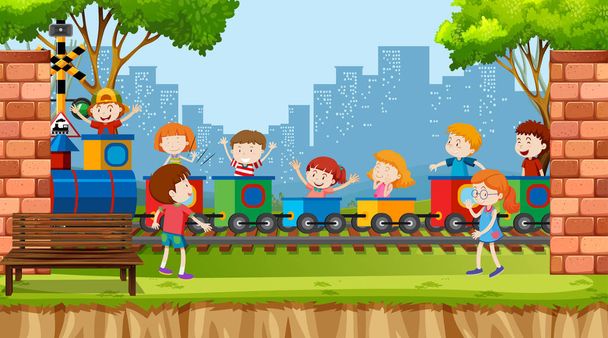 Active boys and girls playing sport and fun activities outside - Vector, Image