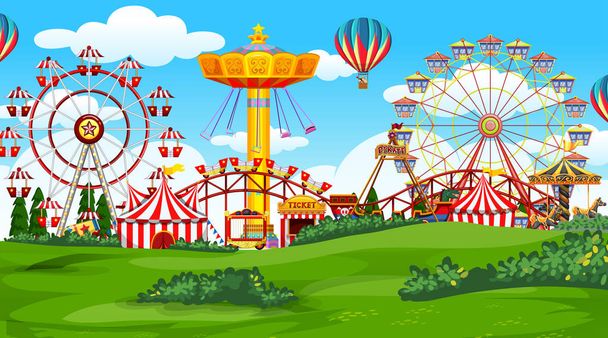 Fun fair amusement park in background of a field - Vector, Image