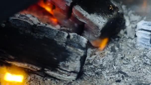 het branden van zwarte kolen close-up. De wind waait weg vlokken van grijze as en rook. De rand van het hout brandt met een kleine vlam. - Video