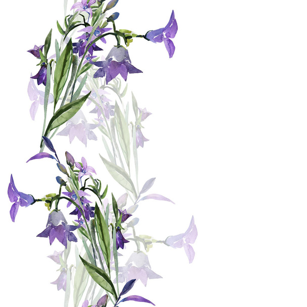 Feld Aquarell Blumen auf einem farbigen Hintergrund. Muster nahtlos stilisierte Glocken. - Foto, Bild