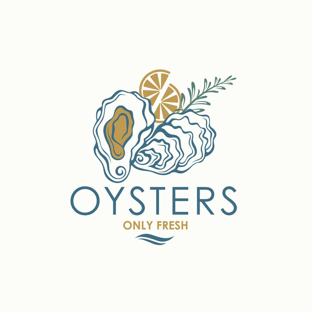 label of fresh oyster shell and lemon isolated on light background - Vector, Imagen