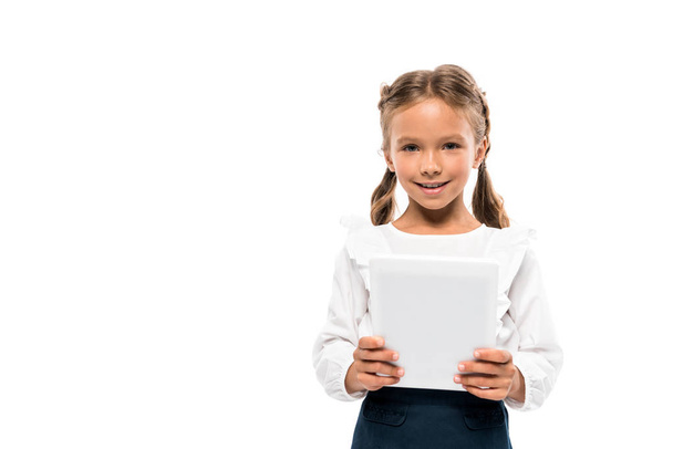 happy kid using digital tablet isolated on white  - Foto, Imagem