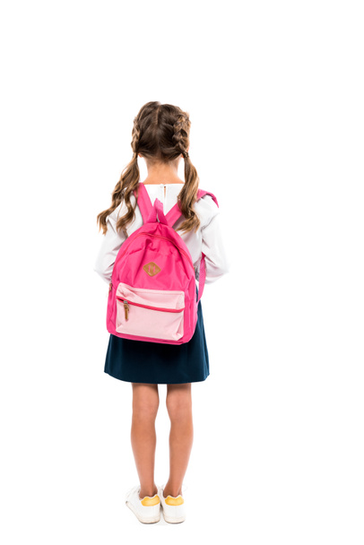 back view of schoolchild standing with pink backpack isolated on white  - Φωτογραφία, εικόνα