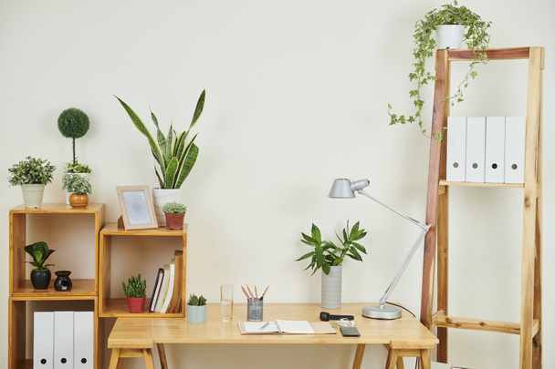 Изображение современного рабочего места с деревянным столом и блокнотом на нем и различными видами зеленых растений на полках
 - Фото, изображение