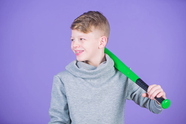 Baseball player with bat. Fight to win. Success. Childhood activity. Fitness diet brings health and energy. Sport game. Happy child sportsman. Gym workout of happy teen boy. Happy feeling - Fotografie, Obrázek