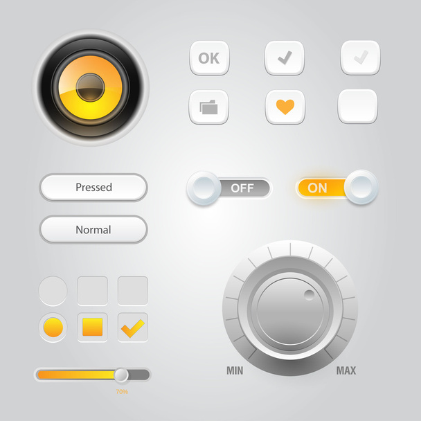 User interface elements: Buttons, Switchers, On, Off, Player, Audio, Video - Vettoriali, immagini