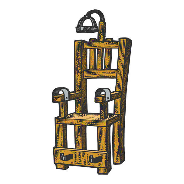 Elektrische stoel executie marteling apparaat kleur schets gravure vector illustratie. Imitatie van Scratch board stijl. Zwart-wit hand getekende afbeelding. - Vector, afbeelding