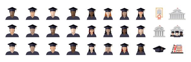 large student set of students boys and girls of different races, nationalities and skin colors, Institute, diploma, books, graduate hat, color images, icon, Sign, logo, isolated vector illustration - Vector, Image