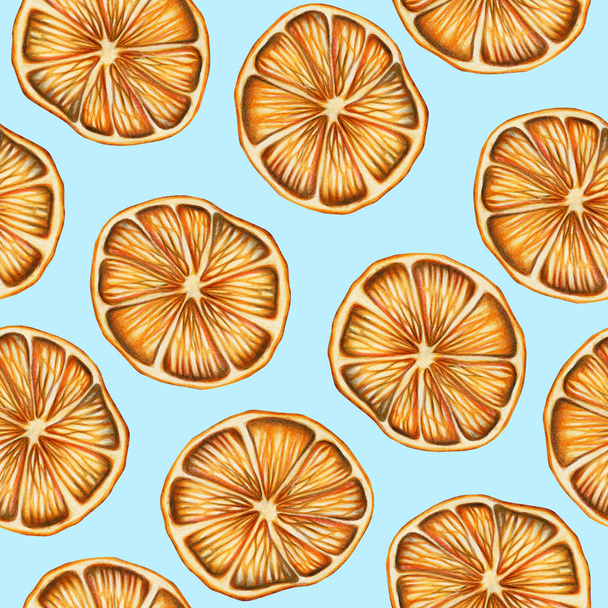 Naadloze patroon van gedroogde sinaasappelen, hand getrokken op een blauwe achtergrond, Kerst patroon - Foto, afbeelding