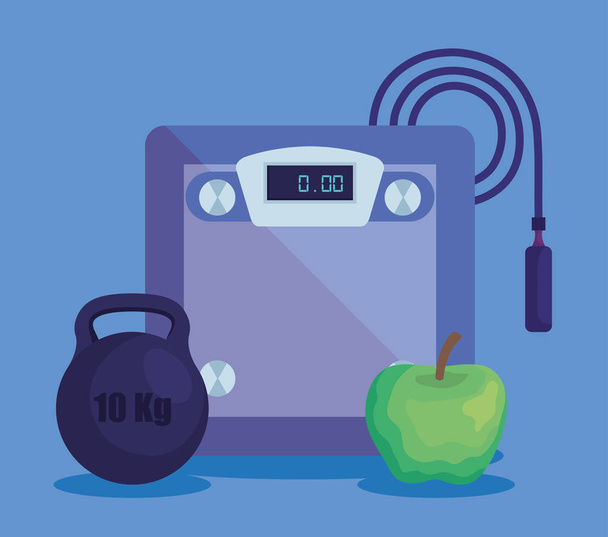 μηχανή ζύγισης με βάρος και μήλο με σχοινί πηδώντας - Διάνυσμα, εικόνα