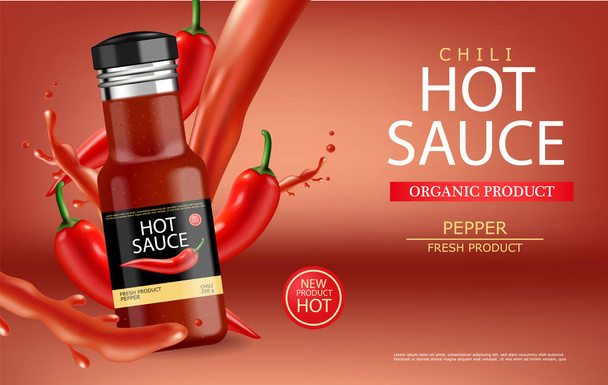 Hot chilli sauce vector realistic with splash. Product placement mock up bottle. Label design advertise 3d illustrations - Vetor, Imagem