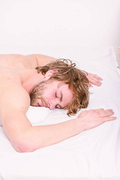 Simple tips to improve your sleep. Man unshaven bearded face sleep relax or just wake up. Guy bearded macho relax in morning. Total relax concept. Man attractive macho relax and feel comfortable - Фото, зображення