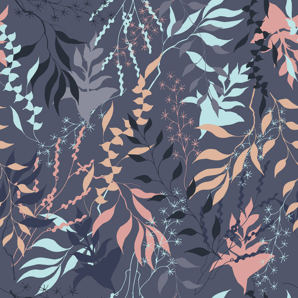 Növényi varrat nélküli mintázat. Kék és rózsaszín növények szürke háttérrel. Dísz a gallyak és levelek a szövet, csempe. - Vektor, kép