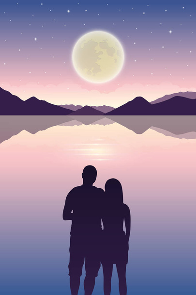 romantische nacht paar verliefd op de zee met volle maan en sterrenhemel - Vector, afbeelding