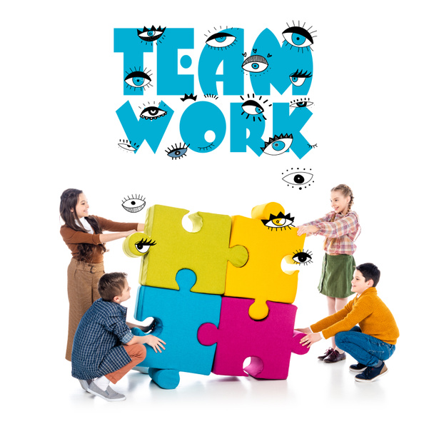 happy kids playing with jigsaw puzzle pieces near team work on white  - Photo, Image