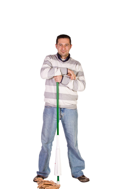 Casual Man Posing with a Sweeper - Photo, image