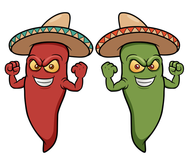 Cartoon chili peppers wearing sombreros - Вектор,изображение