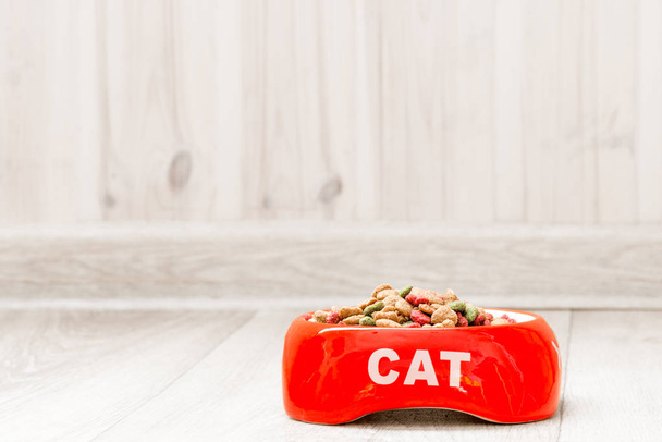Červená miska pro kočku s suchým jídlem na podlaze v domě blízko - Fotografie, Obrázek