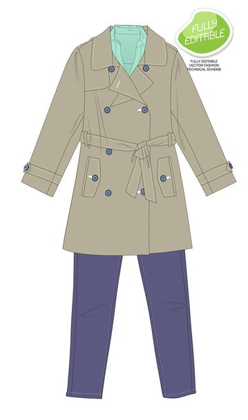 Trenový plášť, košile bez rukávů a džíny detailní móda  - Vektor, obrázek