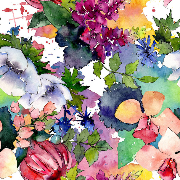 Bouquet floral de fleurs botaniques. Ensemble d'illustration de fond aquarelle. Modèle de fond sans couture
. - Photo, image