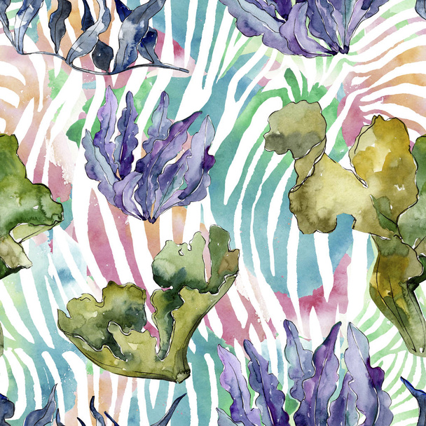 Green and violet aquatic underwater nature coral reef. Watercolor illustration set. Seamless background pattern. - Photo, Image