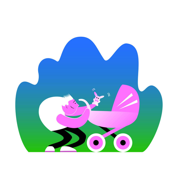 Ένας αστείος μπαμπάς κάθεται κοντά σε ένα καροτσάκι και παίζει με ένα μωρό χρησιμοποιώντας ένα παιχνίδι. Απεικόνιση διανυσματικών χρωμάτων με ροζ, μπλε και πράσινα χρώματα. - Διάνυσμα, εικόνα