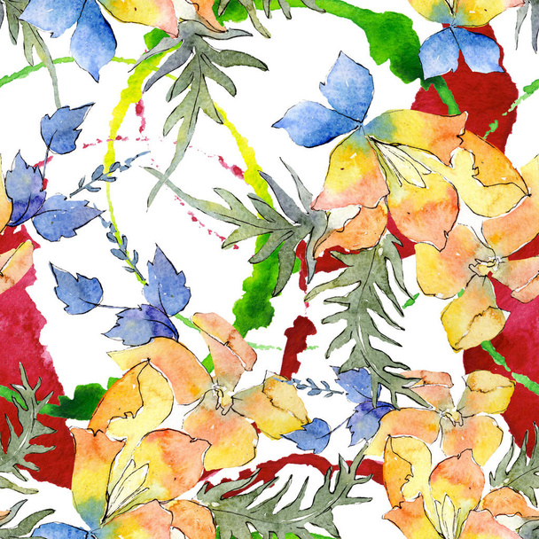 花束花植物の花。水彩画背景イラスト セット。シームレスな背景パターン. - 写真・画像