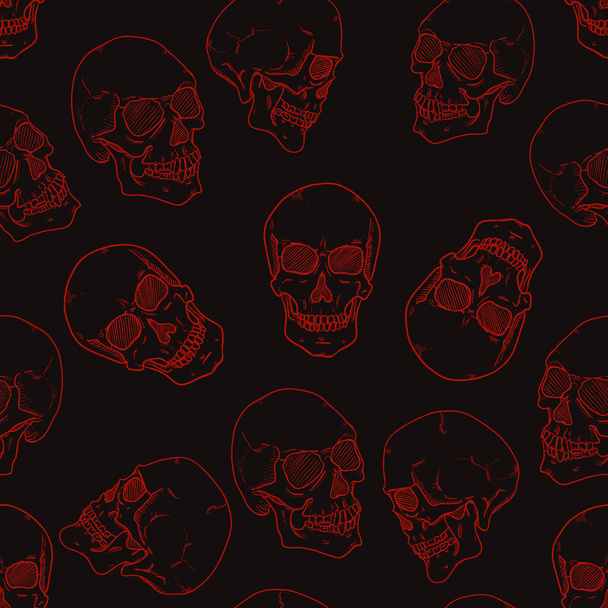 黒い背景上のスケッチ頭蓋骨のベクトルシームレスパターン - ベクター画像