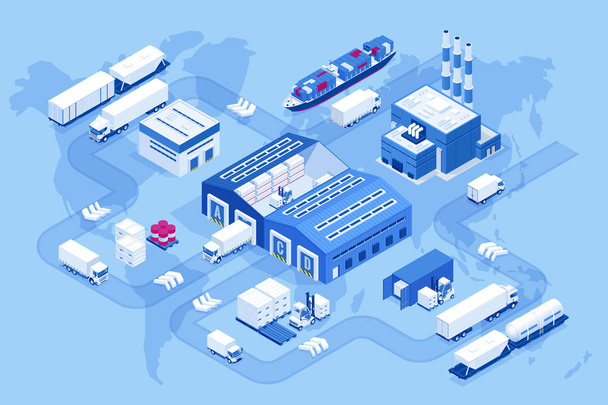 Isometric global logistics network. Air cargo, rail transportation, maritime shipping, warehouse, container ship, city skyline on the world map. - Vector, afbeelding