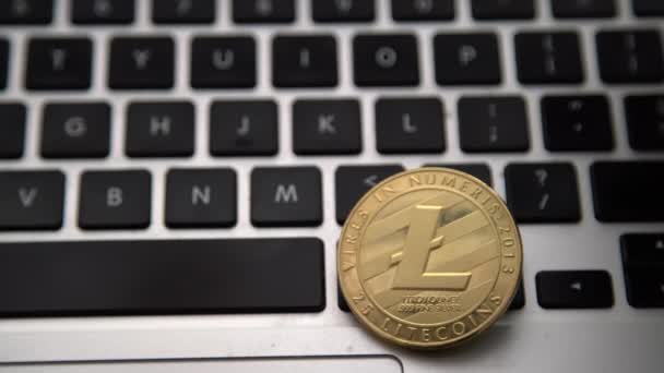 Kruh Litecoin, litová mince na tlačítkách počítačové klávesnice. Digitální měna, blokový trh, obchod online - Záběry, video