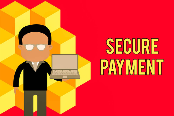 Word writing text Secure Payment. Business concept for Security of Payment refers to ensure of paid even in dispute Standing man in suit wearing eyeglasses holding open laptop photo Art. - Photo, Image