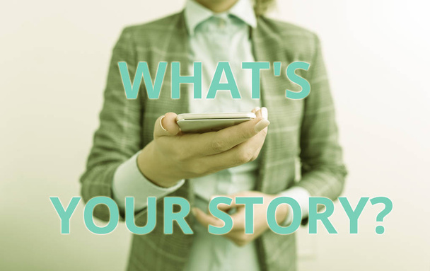 Word szöveg írása mi S Your Story kérdés. Üzleti koncepció kérdezés bizonyítja, hogy a múltbéli fellépések események üzleti koncepció mobiltelefonnal és az üzleti nő. - Fotó, kép