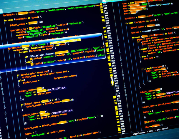 Código php colorido no fundo azul escuro no editor de código, macro
 - Foto, Imagem