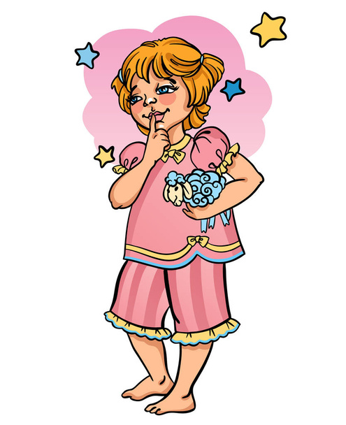 Kleine mooie slaperige meisje in roze pyjama blijft en drukt haar vinger op de lippen en houdt blauwe plucheachtig schapen speelgoed, voor te bereiden om te slapen - Vector, afbeelding