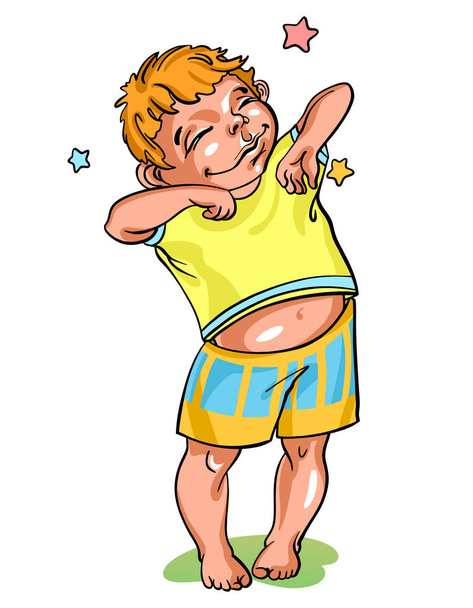 Illustrazione vettoriale di carino piccolo ragazzo con i capelli rossi assonnati in pigiama colorato, che rimane al mattino sull'erba verde e si estende, risveglio
 - Vettoriali, immagini