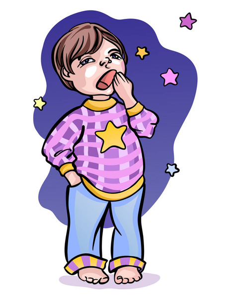 Lindo poco somnoliento pelo castaño pequeño niño en pijama colorido, bostezos
 - Vector, imagen