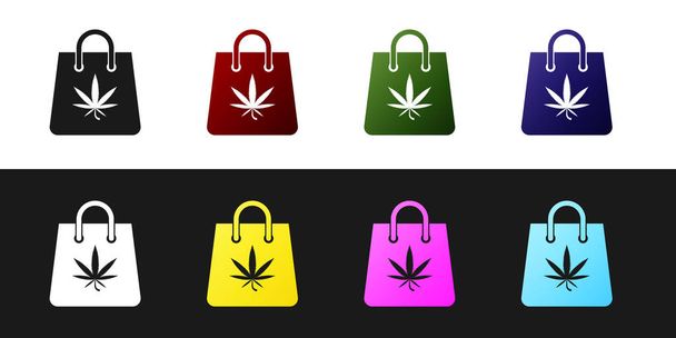 Set Shopping papieren zak van medische marihuana of cannabis blad pictogram geïsoleerd op zwart-wit achtergrond. Cannabis kopen. Hennep symbool. Vector illustratie - Vector, afbeelding